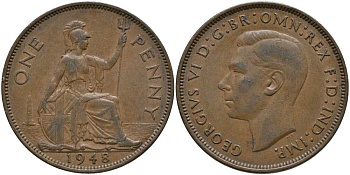Великобритания 1 пенни 1948 Георг VI (1936-1952) KM 845, Spink 4114 бронза 115-435