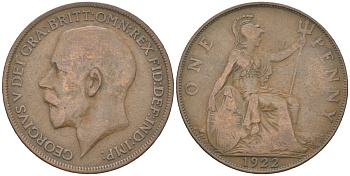 Великобритания 1 пенни 1922 Георг V (1910-1936) KM 810, Spink 4051 бронза 3855-341