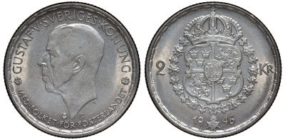 Швеция 2 кроны 1946 TS, Густав V (1907-1950) KM 815 серебро 1530-714