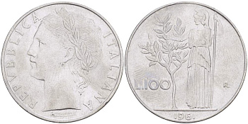 ИТАЛИЯ 100 ЛИР 1961 R, АФИНА, ДИАМЕТР 28 ММ. KM 96.1 нержавеющая сталь 4521-1115
