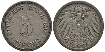 ГЕРМАНИЯ 5 ПФЕННИГОВ 1897 A KM 11, Jager 12, Weege 6 медно-никель 4547-352