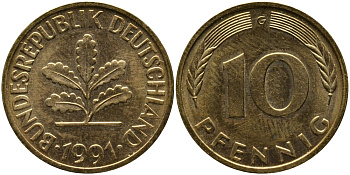 ФРГ 10 ПФЕННИГОВ 1991 G KM 108, J.383 сталь плакированная латунью 33-154