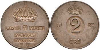 Швеция 2 эре 1964 U, Густав VI Адольф (1950-1973) KM 821 бронза 4364-714