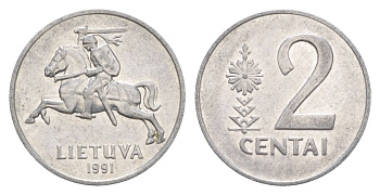 Литва 2 цента 1991 KM 86 алюминий 4632-568