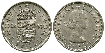 Великобритания 1 шиллинг 1963 Елизавета II (1952-2022), Английский герб KM 904, Spink 4147 медно-никель 4384-454