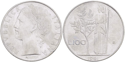 ИТАЛИЯ 100 ЛИР 1961 R, АФИНА, ДИАМЕТР 28 ММ. KM 96.1 нержавеющая сталь 4521-1115