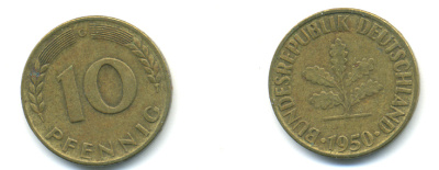 ФРГ 10 ПФЕННИГОВ 1950 G KM 108, J.383 сталь плакированная латунью 83-135