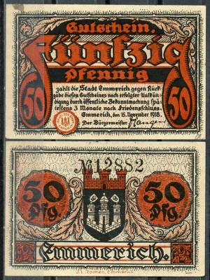 Германия, Эммерих 50 пфеннигов 1918 нотгельд, 15.11.1918 Tieste 1710/10 бумага aUNC 8614-40-2-2