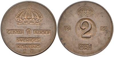 Швеция 2 эре 1964 U, Густав VI Адольф (1950-1973) KM 821 бронза 4364-714