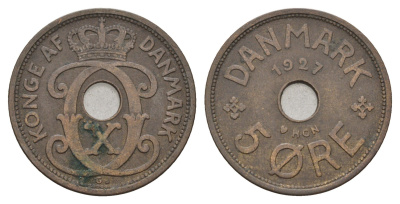 Дания 5 эре 1927 NCH, Кристиан X (1912-1947) KM 828 бронза 4700-751