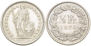ШВЕЙЦАРИЯ 1/2 ФРАНКА 1976 KM 23а.1 медно-никель 217-1134