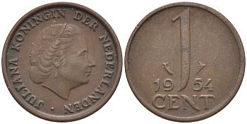 Нидерланды 1 цент 1954 Юлиана (1949-1980) KM 180 бронза 206-739