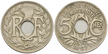 ФРАНЦИЯ 5 САНТИМОВ 1927 KM 875 медно-никель 3309-1037