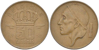 БЕЛЬГИЯ 50 САНТИМОВ 1952 BELGIQUE, БОДУЭН I (1951-1993) KM 144 бронза 214-444