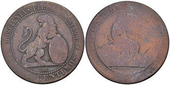 Испания 5 сентимо 1870 ОМ, лев со щитом KM 662 (Y53) медь 4603-316