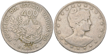 Бразилия 400 реалов 1901 MCMI, голова свободы вправо KM 505 медно-никель 4612-441