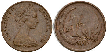 Австралия 1 цент 1975 Елизавета II (1953-), молодой портрет, опоссум KM 62 бронза 4602-222