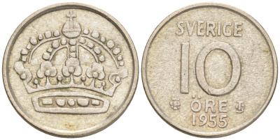 Швеция 10 эре 1955 TS, Густав VI Адольф (1950-1973) KM 823 серебро 4528-633