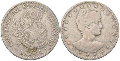 Бразилия 400 реалов 1901 MCMI, голова свободы вправо KM 505 медно-никель 4612-441