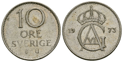 Швеция 10 эре 1973 Густав VI Адольф (1950-1973) KM 835 медно-никель 4173-1034