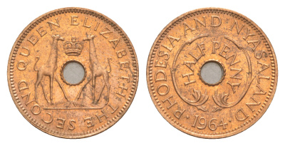 Родезия и Ньясаленд 1/2 пенса 1964 Елизавета II (1952-2022), жирафы KM  1 бронза  UNC  4640-912
