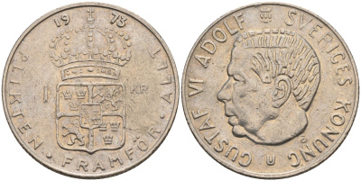 Швеция 1 крона 1973 U, Густав VI Адольф (1950-1973) KM 826a медь плакированный медно-никелем 4150-346