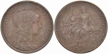 ФРАНЦИЯ 5 САНТИМОВ 1916 ТИП ДАНИЭЛЬ ДЮПЮИ KM 842, LE FRANC 119.28 бронза 108-952