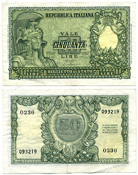 Италия 50 лир 1951 Афина Pick 91a бумага 7551-43-2-2