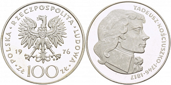Польша 100 злотых 1976 MW, Тадеуш Костюшко (1746-1817) KM 82, Parchimowicz 274 серебро PROOF 1082-1-24