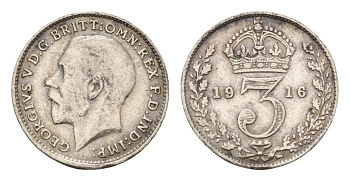 Великобритания 3 пенса 1916 Георг V (1910-1936) KM 813, Spink 4015 серебро 4643-1128