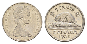 Канада 5 центов 1968 Елизавета II (1952-2022), бобр KM 60.1 никель 4639-452
