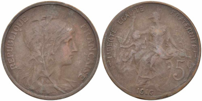 ФРАНЦИЯ 5 САНТИМОВ 1916 ТИП ДАНИЭЛЬ ДЮПЮИ KM 842, LE FRANC 119.28 бронза 108-952