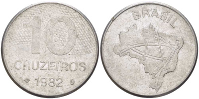 Бразилия 10 крузейро 1982 карта Бразилии KM 592.1 нержавеющая сталь 4388-233