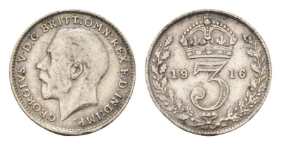 Великобритания 3 пенса 1916 Георг V (1910-1936) KM 813, Spink 4015 серебро 4643-1128
