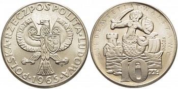 Польша 10 злотых 1965 MW, 700 лет Варшаве, проба, probe KM Pr 133 медно-никель  UNC 4127-543