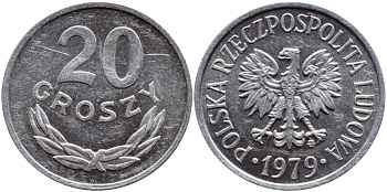 ПОЛЬША 20 ГРОШЕЙ 1979 MW KM A47 алюминий 26-834