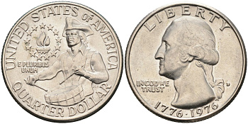 США 25 центов = квотер 1976 D, 200 лет независимости (1776-1976), Вашингтон, барабанщик KM 204 медь плакированная медно-никель 4586-622