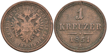 Австрия 1 крейцер 1851 A, Франц Иосиф I (1848-1916) KM 2185 медь 4586-444