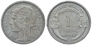 Франция 1 франк 1946 тип Morlon KM 885а.1, Le Franc 221.9 алюминий 4128-317