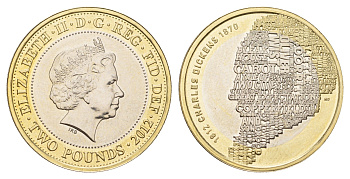 Великобритания 2 фунта 2012 Елизавета II (1952-2022), 200 лет со дня рождения Чарльза Диккенса KM 1224, Spink K29 биметалл BU 76-714