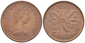 Канада 1 цент 1981 Елизавета II (1952-2022), кленовый лист KM 127 бронза 4609-953