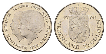 Нидерланды 2 1/2 гульдена 1980 коронация Беатрикс, 30 апреля 1980 KM 201 никель 4683-826