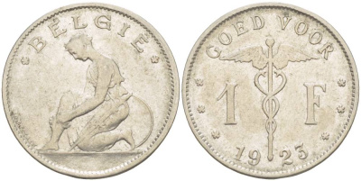 Бельгия 1 франк 1923 Belgie, Альберт I (1909-1934) KM 90 никель 4546-221