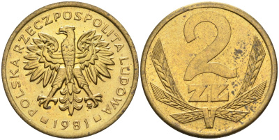 Польша 2 злотых 1981 MW, Народная Республика KM 80.1, Parchimowicz 217h латунь UNC 4580-743