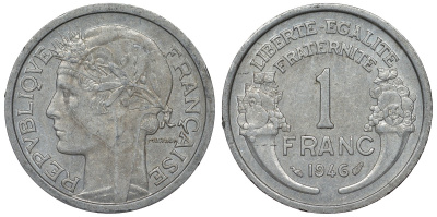 Франция 1 франк 1946 тип Morlon KM 885а.1, Le Franc 221.9 алюминий 4128-317