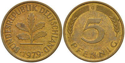 ФРГ 5 пфеннигов 1979 G J.382, KM 107 сталь плакированная латунью    4598-1023