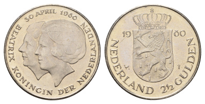 Нидерланды 2 1/2 гульдена 1980 коронация Беатрикс, 30 апреля 1980 KM 201 никель 4683-826