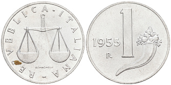 Италия 1 лира 1955 R, весы KM 91 алюминий  UNC  4594-136