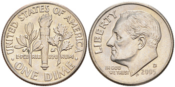 США 10 ЦЕНТОВ = 1 ДАЙМ 2005 D, РУЗВЕЛЬТ KM 195a медь плакированная медно-никелем UNC 187-1125