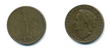 Нидерланды 1 цент 1948 Вильгельмина (1890-1948), год тип KM 175 бронза 54-351
